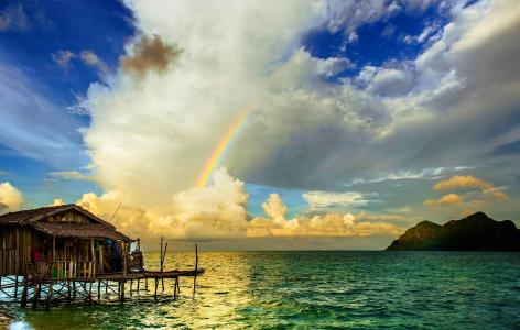 彩虹在热带海滩平房全高清壁纸和背景图像