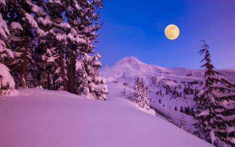月亮在冬天山全高清壁纸和背景图像