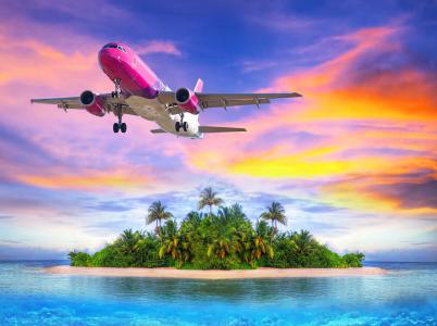 在日落全高清壁纸和背景图像离开热带岛屿的飞机