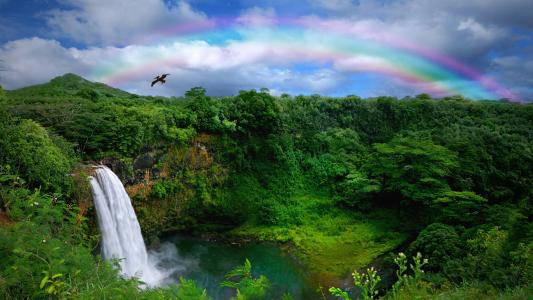 彩虹在夏威夷瀑布全高清壁纸和背景