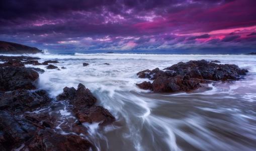 紫色海洋日落全高清壁纸和背景图像