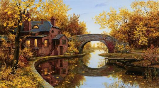 河上的房子在秋季壁纸和背景图像