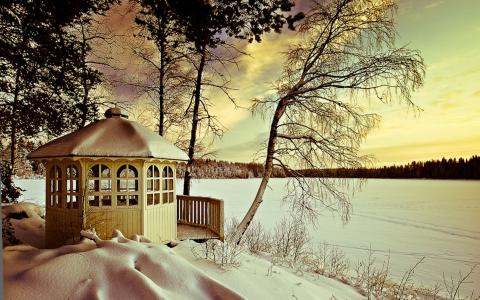 湖上的凉亭冬季全高清壁纸和背景