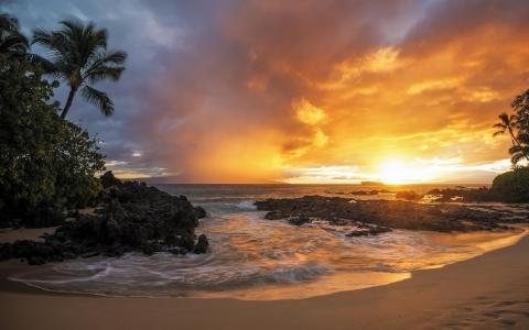 在夏威夷海滩全高清壁纸和背景多云日落