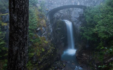 瀑布下森林全高清壁纸和背景图像桥下