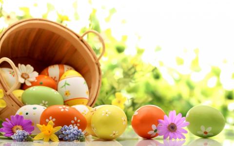 彩色的复活节彩蛋和小花全高清壁纸和背景图像