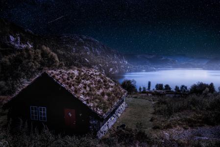 挪威之夜全高清壁纸和背景图像草皮房子