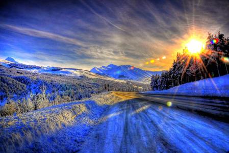 日落全高清壁纸和背景图像的冬季道路