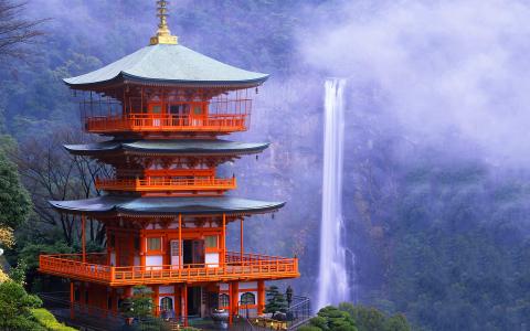 日本寺庙和瀑布全高清壁纸和背景