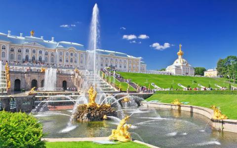 彼得夏宫宫殿,圣彼得堡的大瀑布喷泉全高清壁纸和背景图像