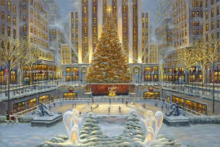 在Christmastime全景高清壁纸和背景图像的洛克菲勒中心