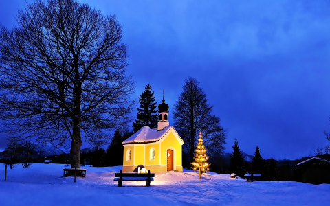 教会在冬天晚上全高清壁纸和背景