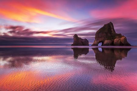 夕阳反射在新西兰海滩全高清壁纸和背景