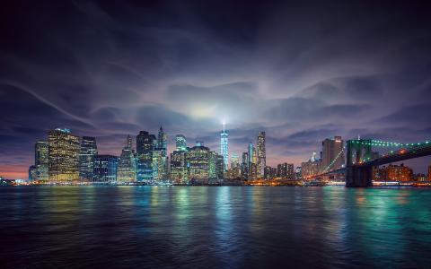 纽约城市天际线在晚上全高清壁纸和背景图像