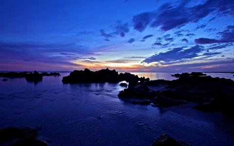 岩石的海洋全高清壁纸和背景图像的蓝色日落
