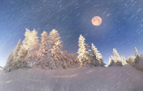 满月在雪夜4k超高清壁纸和背景