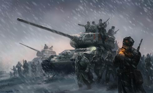 两架T-34-85与一小组步兵在雪地里等待。