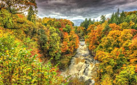 瀑布在秋季森林全高清壁纸和背景图像