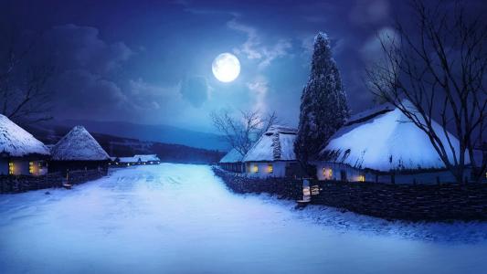 满月夜在冬季村庄全高清壁纸和背景