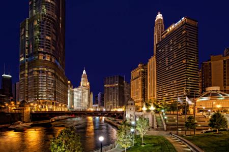 芝加哥城市景观在晚上全高清壁纸和背景图像