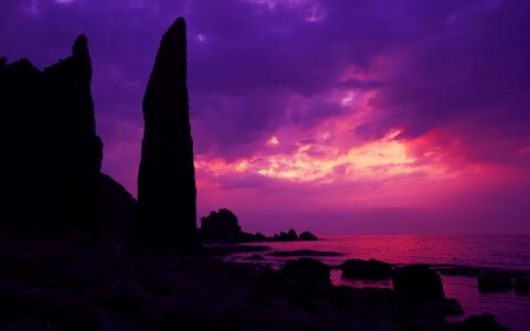 紫色的海洋日落全高清壁纸和背景