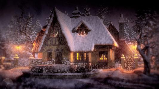 在一个下雪的晚上全高清壁纸和背景图像的小屋