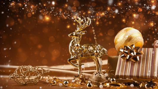 金驯鹿圣诞装饰4k超高清壁纸和背景图像