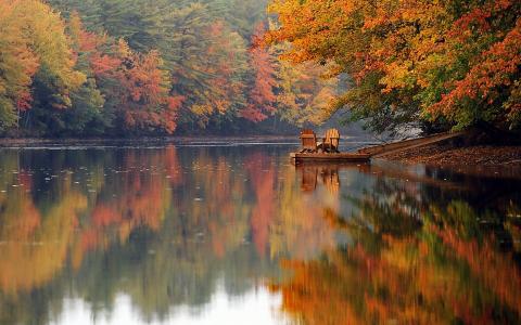 秋天湖全高清壁纸和背景的椅子