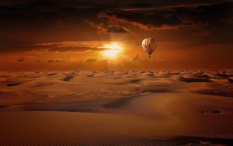 热气球在沙漠日出全高清壁纸和背景图像